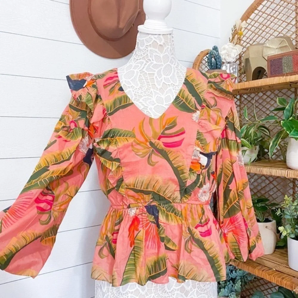 NWT Farm Rio Yasmine Ruffled Blouse Pink Combo Anthropologie Womens Top Tropical - Picture 6 of 14